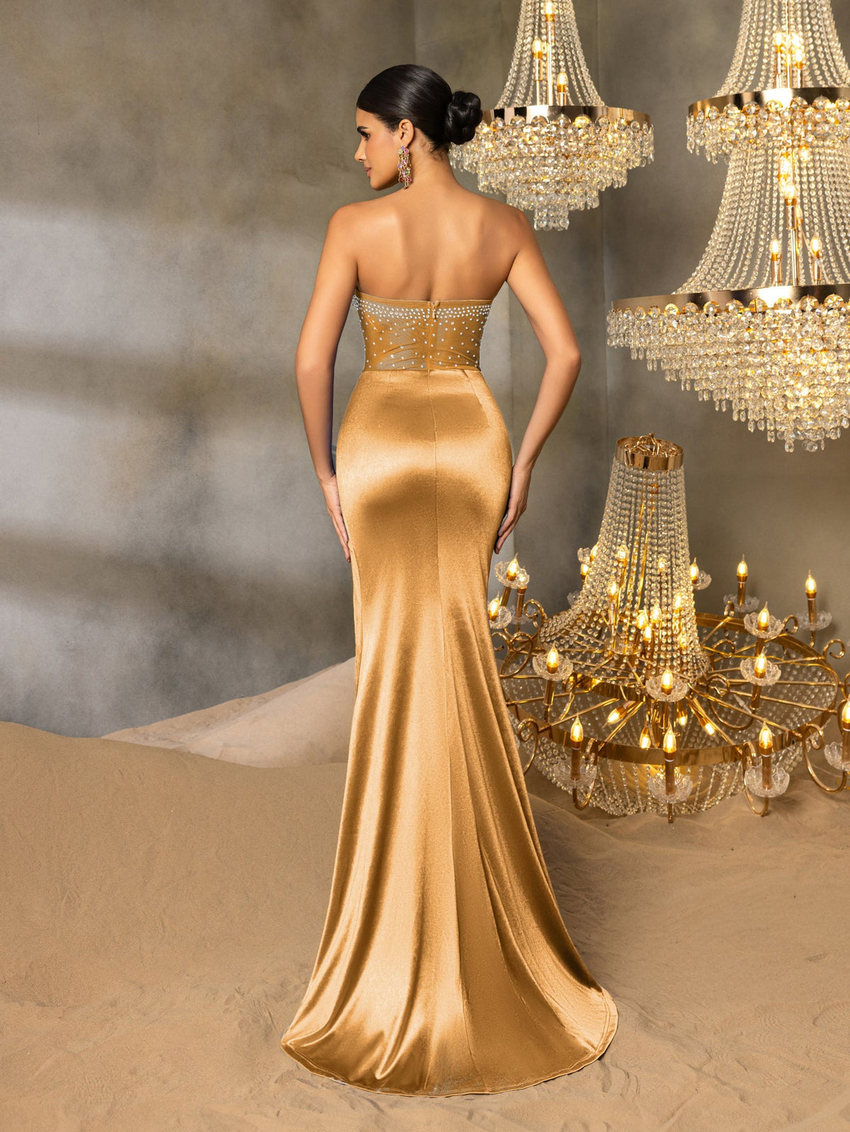 Elegant Strapless Rhinestone Detail Sheer Bodice Split Satin Formal Party Dress