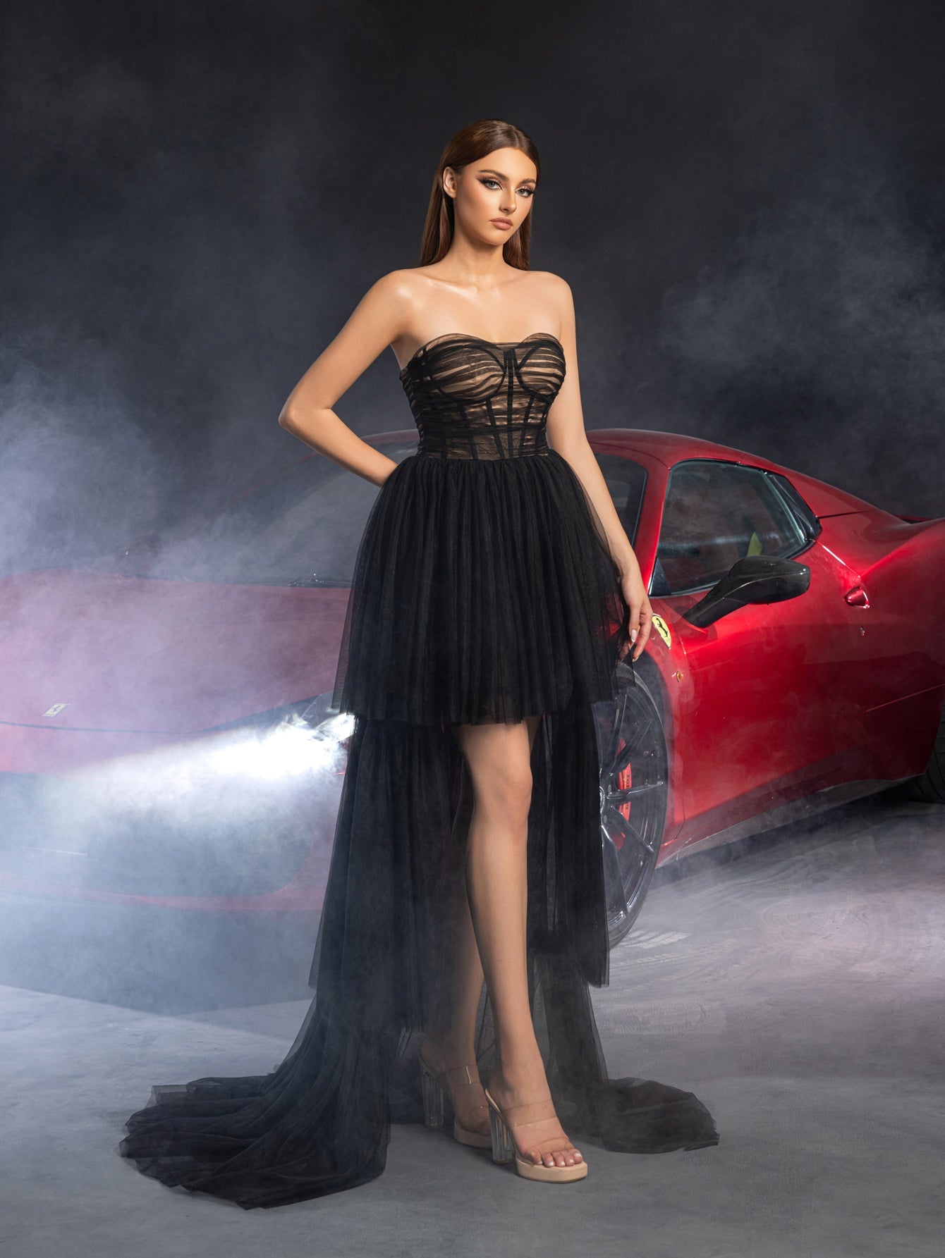 ELegant Strapless Layered High-Low Hem Tulle Party Dress – view 4