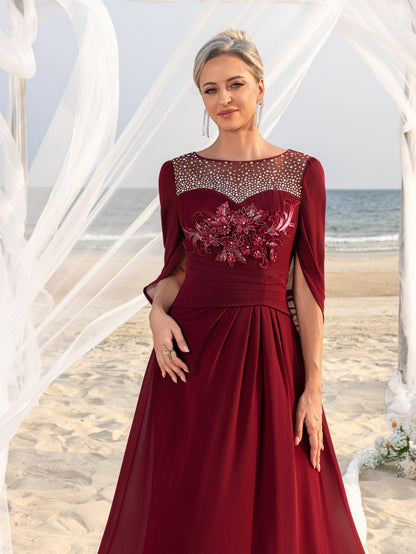 Women's Elegant Mother of the Bride Gown with Rhinestone Neckline & Floral Appliqué – Floor-Length Chiffon Evening Dress for Formal Galas – view 8