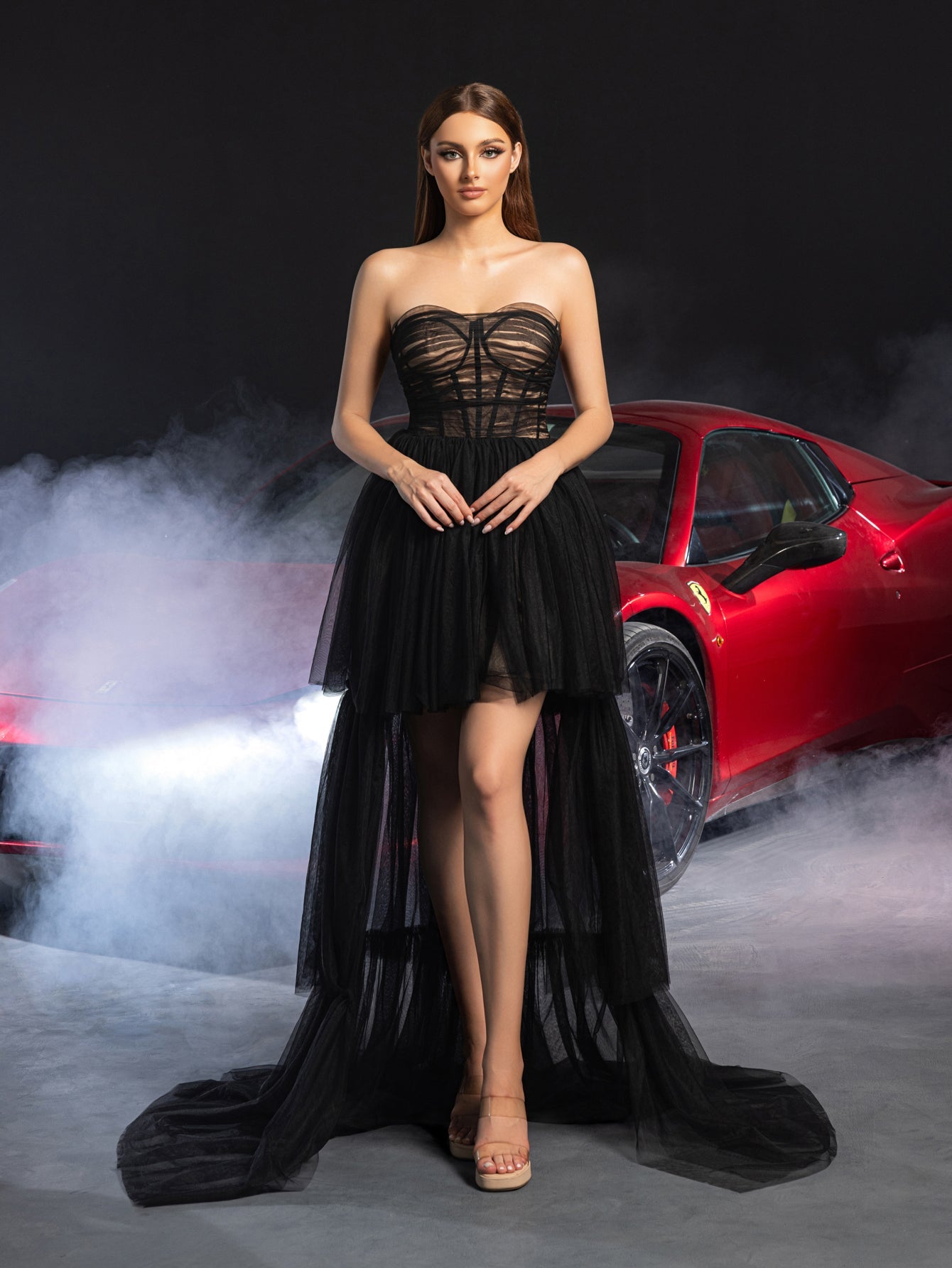 ELegant Strapless Layered High-Low Hem Tulle Party Dress – view 6