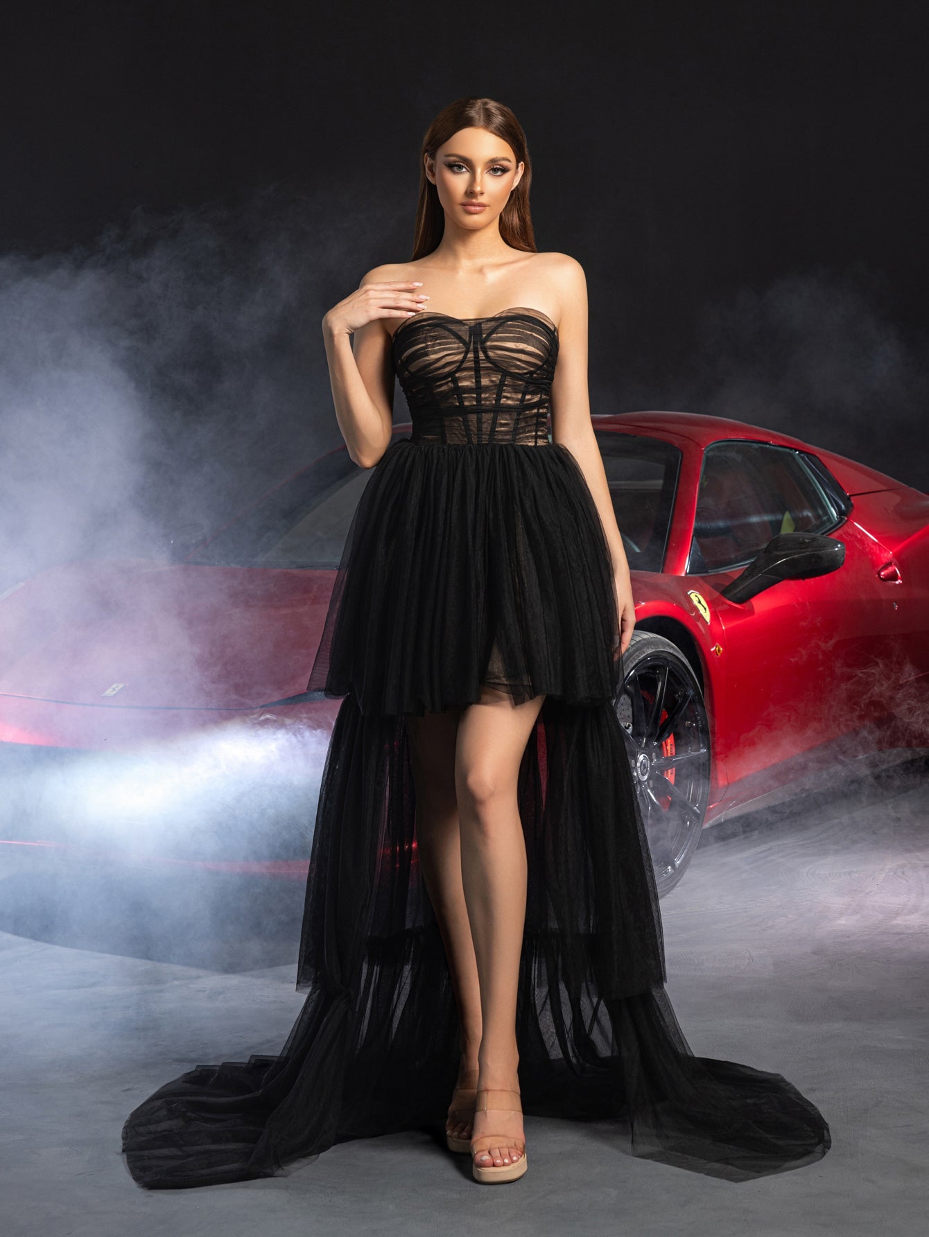 ELegant Strapless Layered High-Low Hem Tulle Party Dress – view 7