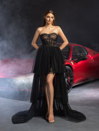 ELegant Strapless Layered High-Low Hem Tulle Party Dress – view 8