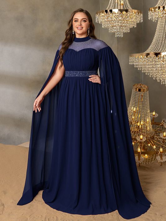 Navy blue plus-size high-neck evening dress with sheer cape sleeves