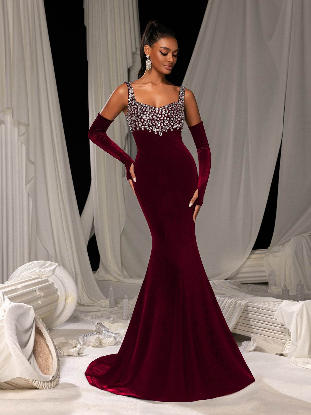 Vintage Velvet Mermaid Gown with Sweetheart Neckline, Sparkling Embellishments