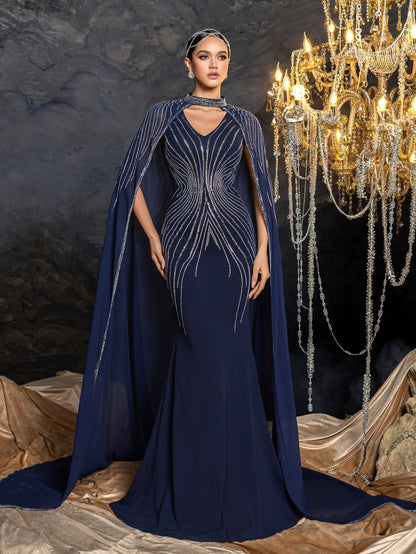 Elegant Two-Piece Evening Gown with Detachable Cape | Deep V-Neck Mermaid Dress & Opera Length Rhinestone Cape – view 4