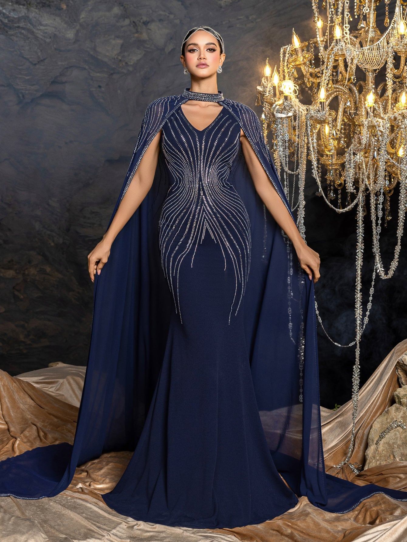 Elegant Two-Piece Evening Gown with Detachable Cape | Deep V-Neck Mermaid Dress & Opera Length Rhinestone Cape – view 5