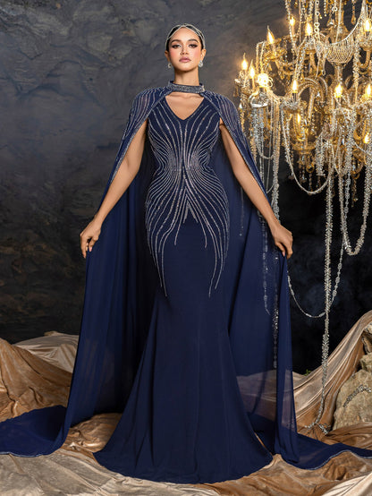 Elegant Two-Piece Evening Gown with Detachable Cape | Deep V-Neck Mermaid Dress & Opera Length Rhinestone Cape – view 5