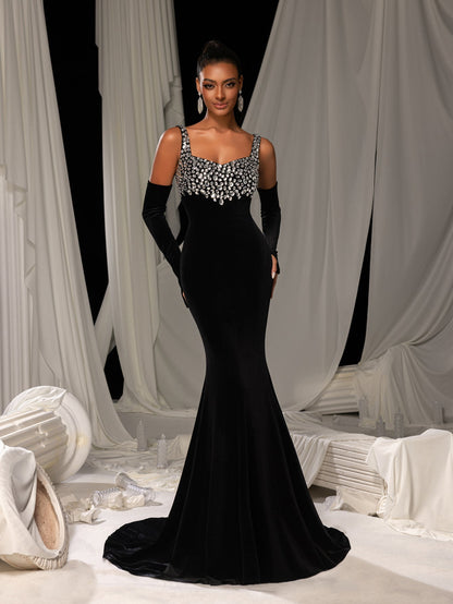 Vintage Velvet Mermaid Gown with Sweetheart Neckline, Sparkling Embellishments