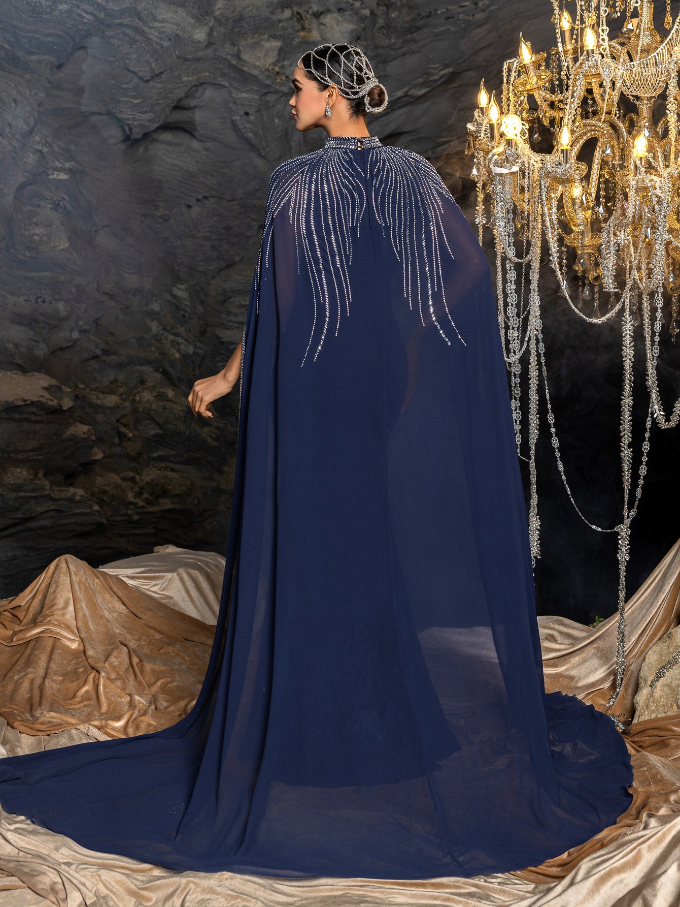 Elegant Two-Piece Evening Gown with Detachable Cape | Deep V-Neck Mermaid Dress & Opera Length Rhinestone Cape – view 2