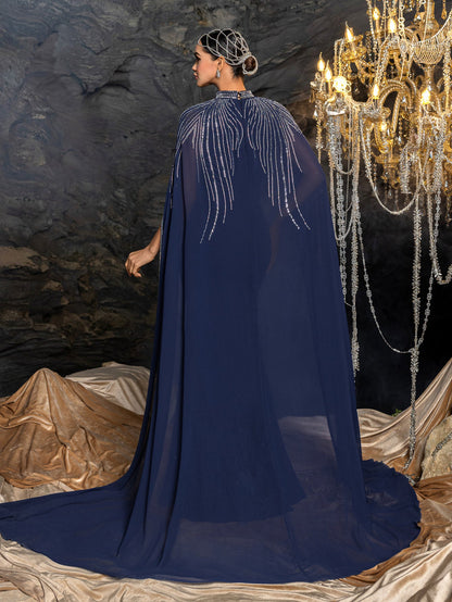 Elegant Two-Piece Evening Gown with Detachable Cape | Deep V-Neck Mermaid Dress & Opera Length Rhinestone Cape – view 2