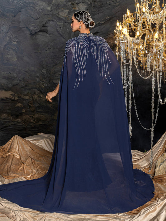 Elegant Two-Piece Evening Gown with Detachable Cape | Deep V-Neck Mermaid Dress & Opera Length Rhinestone Cape – view 2