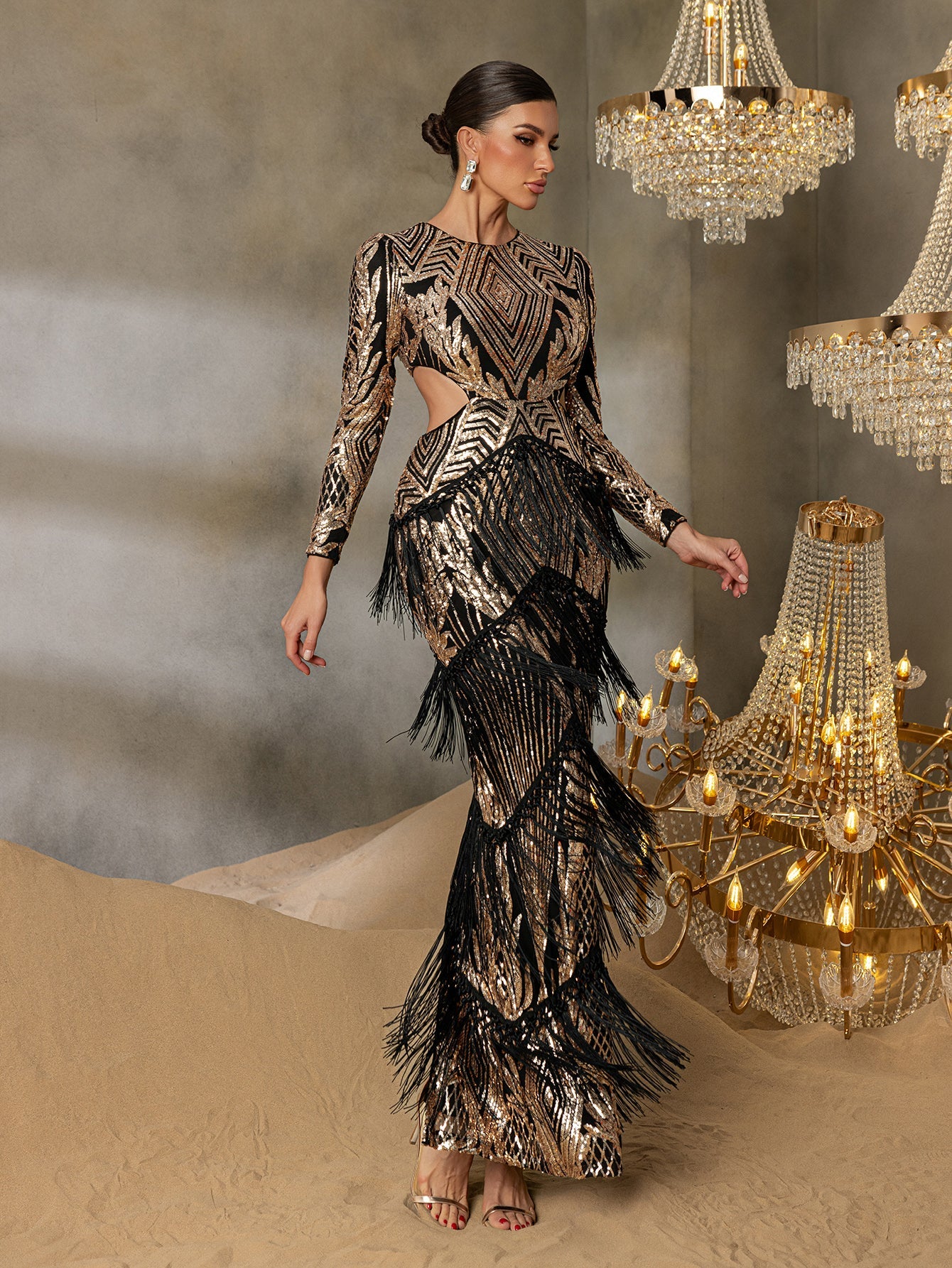 Gorgeous Cut Out Waist Fringed Sequin Party Dress