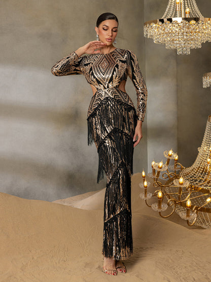 Gorgeous Cut Out Waist Fringed Sequin Party Dress