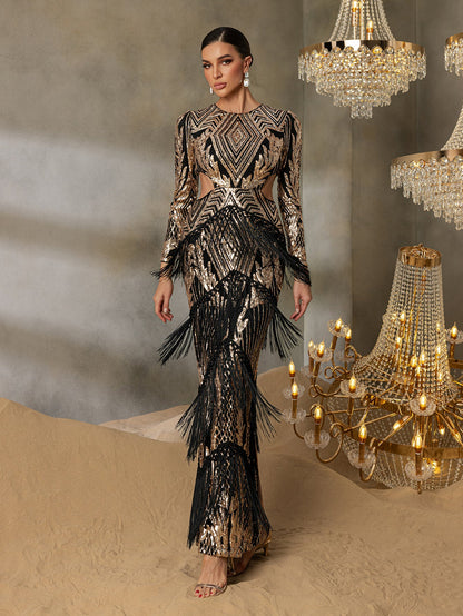 Gorgeous Cut Out Waist Fringed Sequin Party Dress