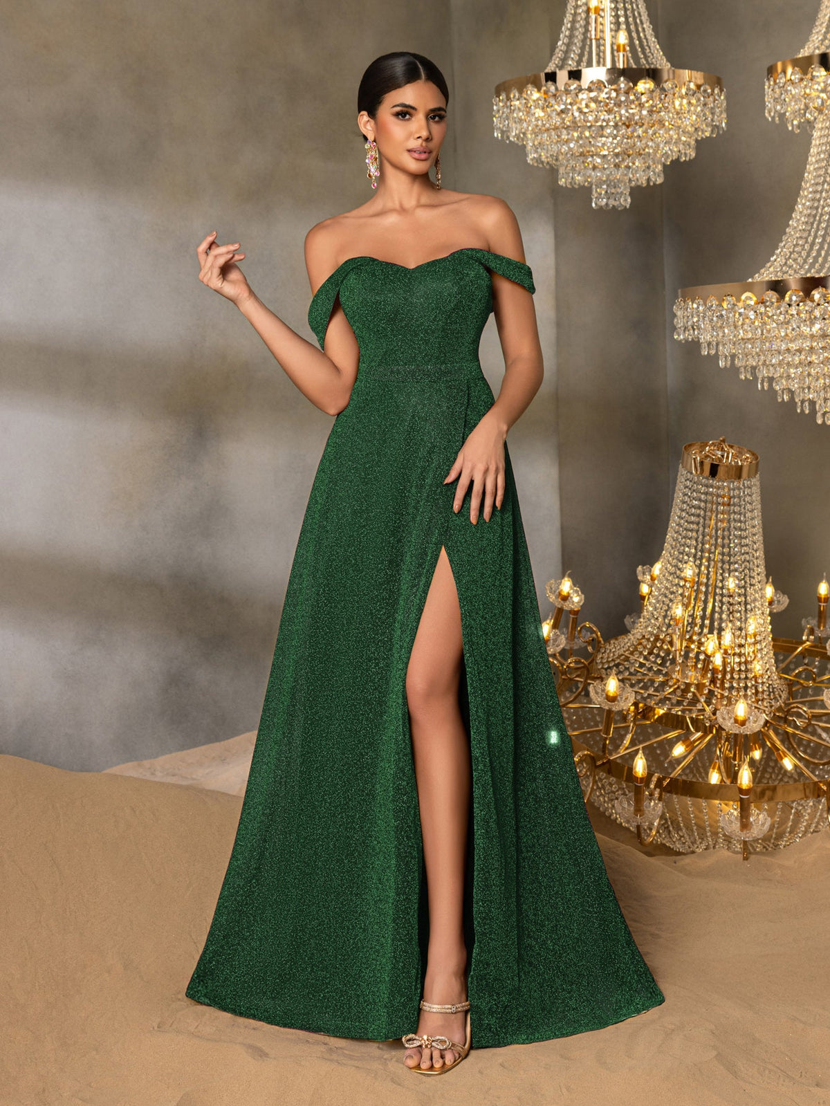 Additional product view of High-Slit Off-Shoulder A-Line Short-Sleeve Maxi Evening Gown