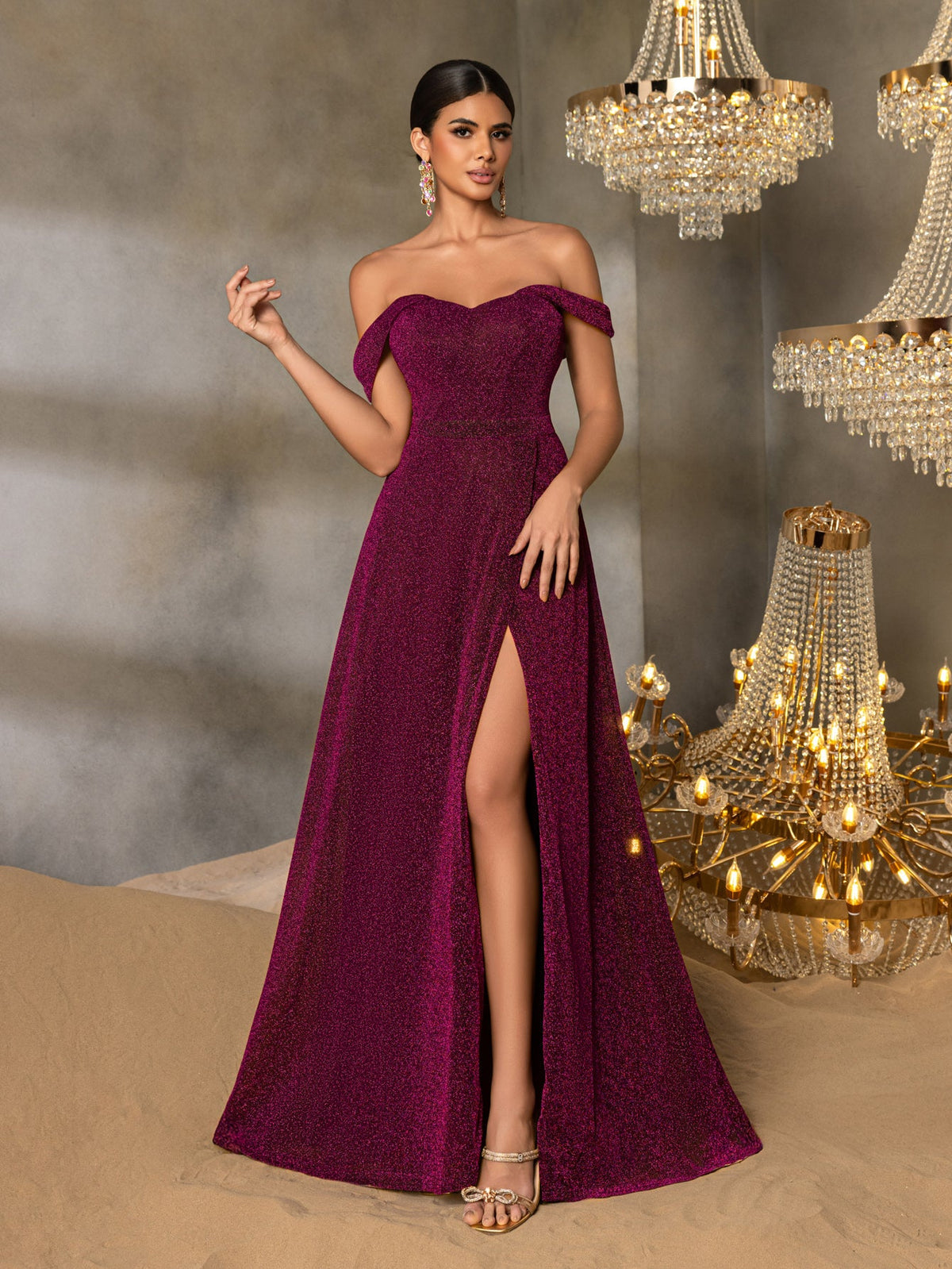 Additional product view of High-Slit Off-Shoulder A-Line Short-Sleeve Maxi Evening Gown