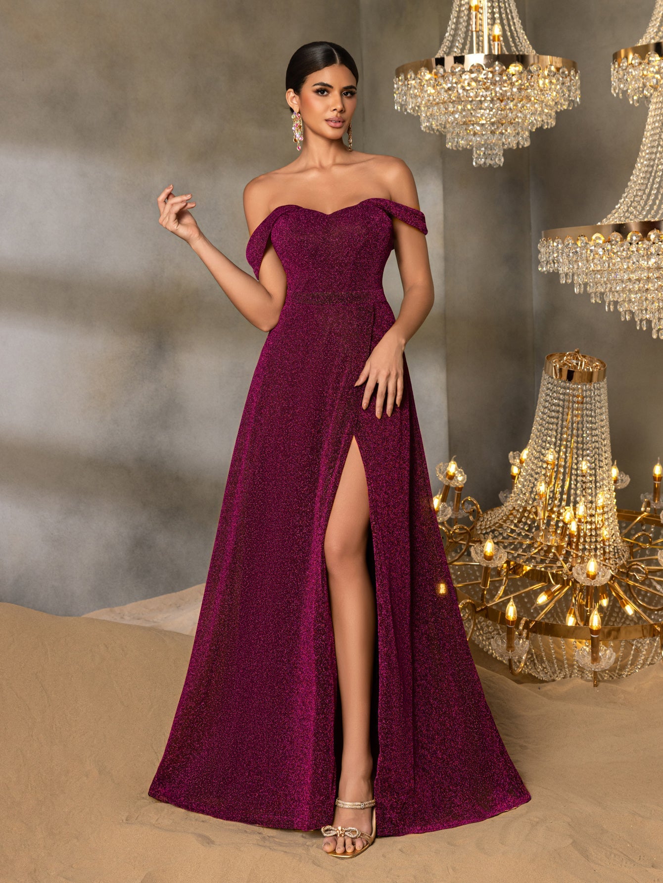 Additional product view of High-Slit Off-Shoulder A-Line Short-Sleeve Maxi Evening Gown