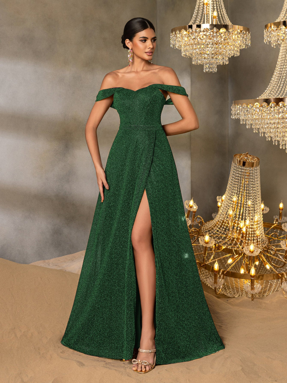 Additional product view of High-Slit Off-Shoulder A-Line Short-Sleeve Maxi Evening Gown