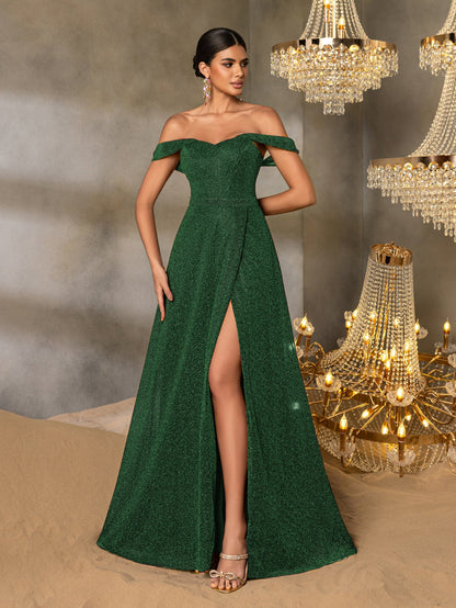 Additional product view of High-Slit Off-Shoulder A-Line Short-Sleeve Maxi Evening Gown
