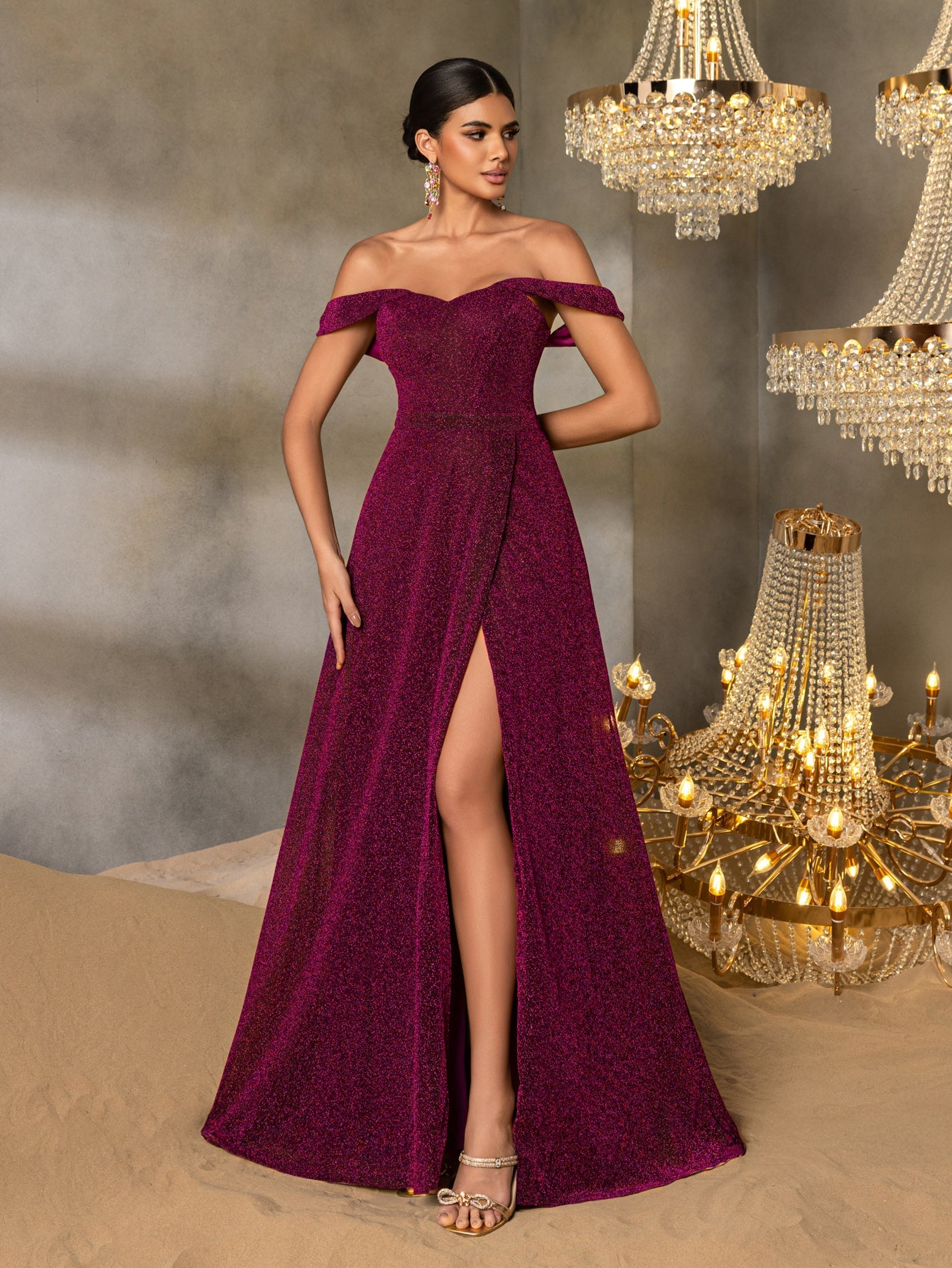 Additional product view of High-Slit Off-Shoulder A-Line Short-Sleeve Maxi Evening Gown