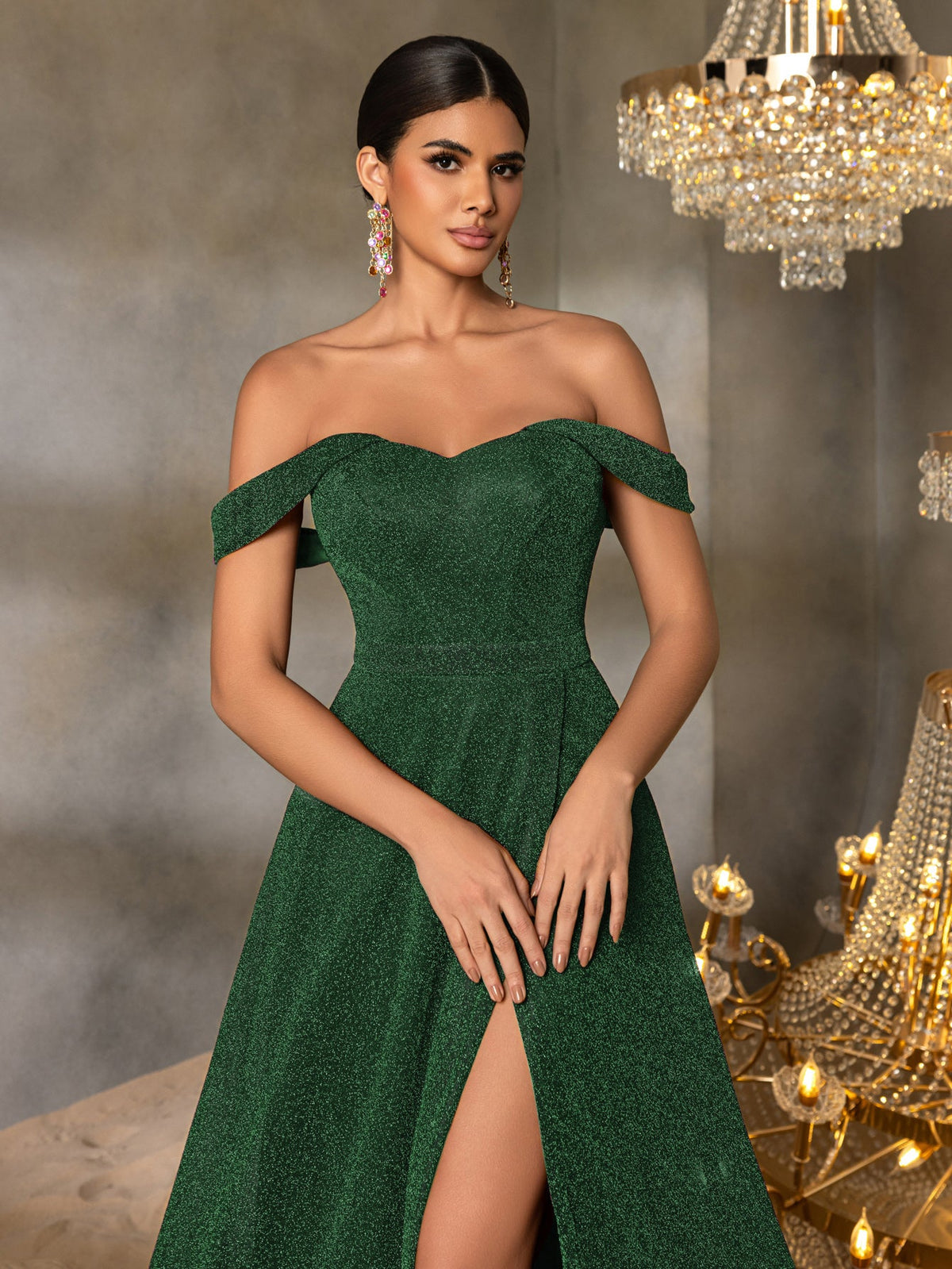 Additional product view of High-Slit Off-Shoulder A-Line Short-Sleeve Maxi Evening Gown