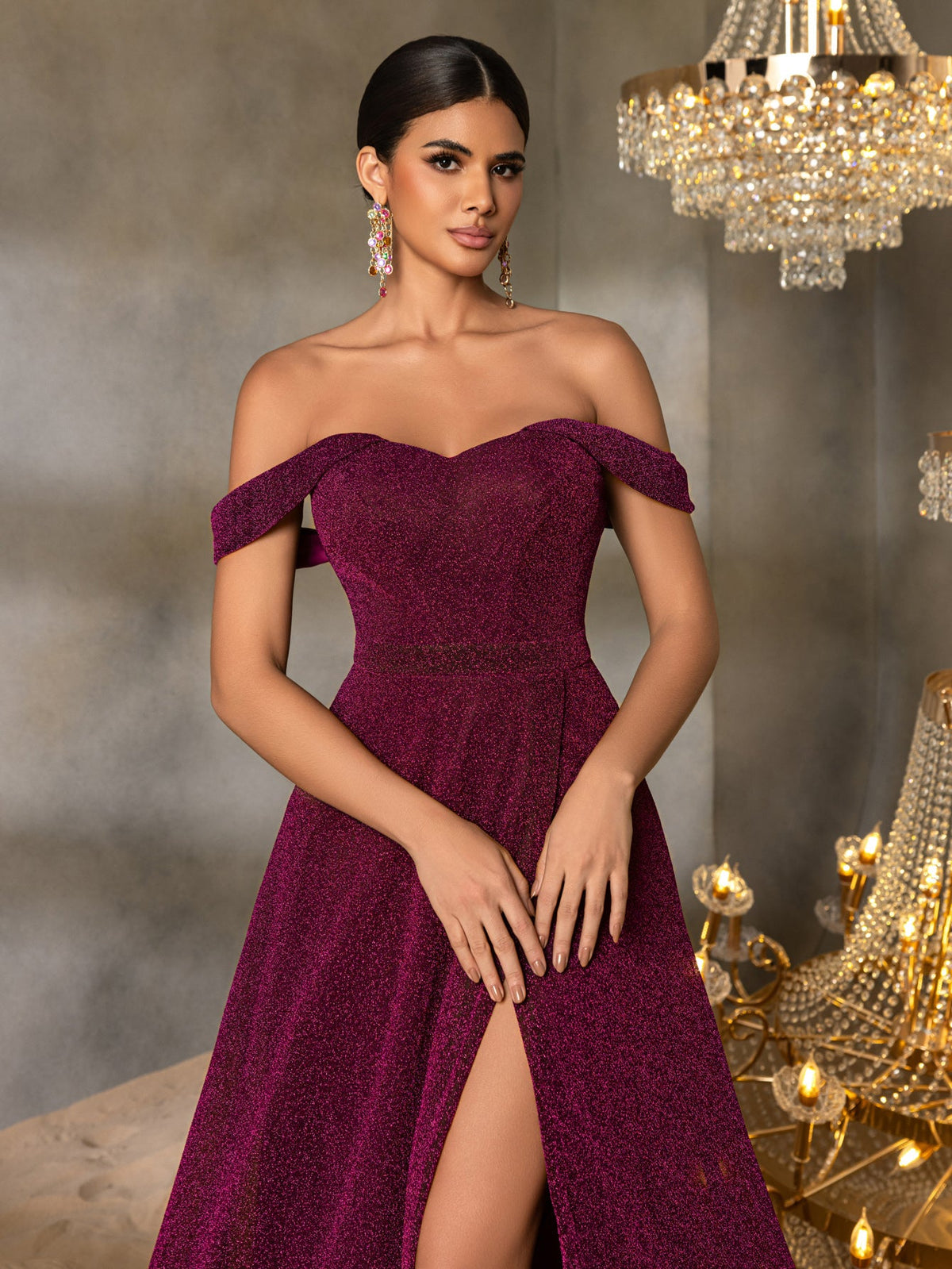 Additional product view of High-Slit Off-Shoulder A-Line Short-Sleeve Maxi Evening Gown