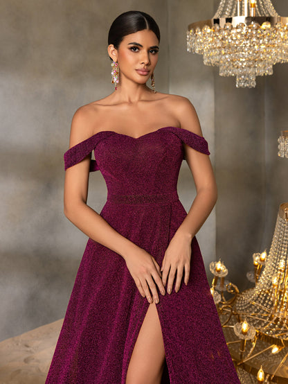 Additional product view of High-Slit Off-Shoulder A-Line Short-Sleeve Maxi Evening Gown