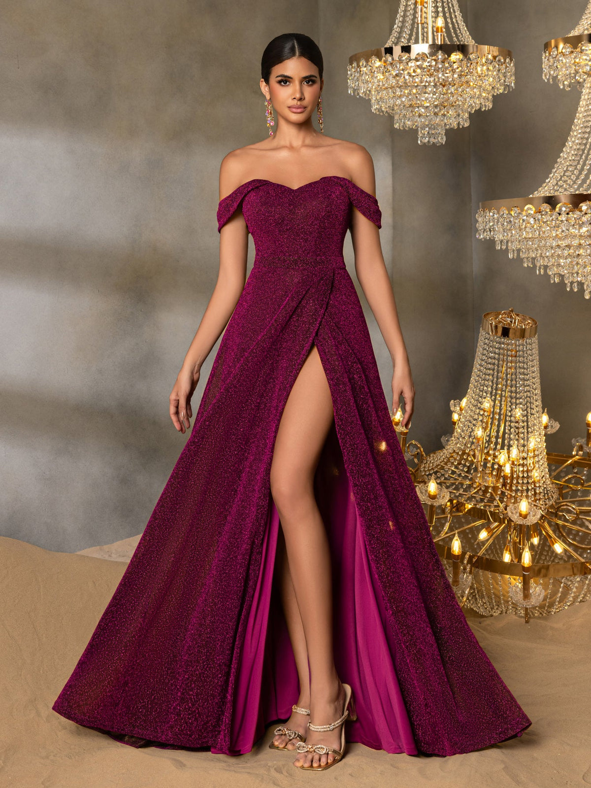 Alternate view of High-Slit Off-Shoulder A-Line Short-Sleeve Maxi Evening Gown in Hot Pink