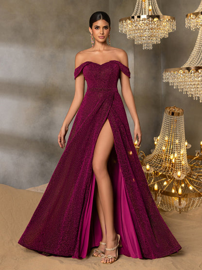 Alternate view of High-Slit Off-Shoulder A-Line Short-Sleeve Maxi Evening Gown in Hot Pink