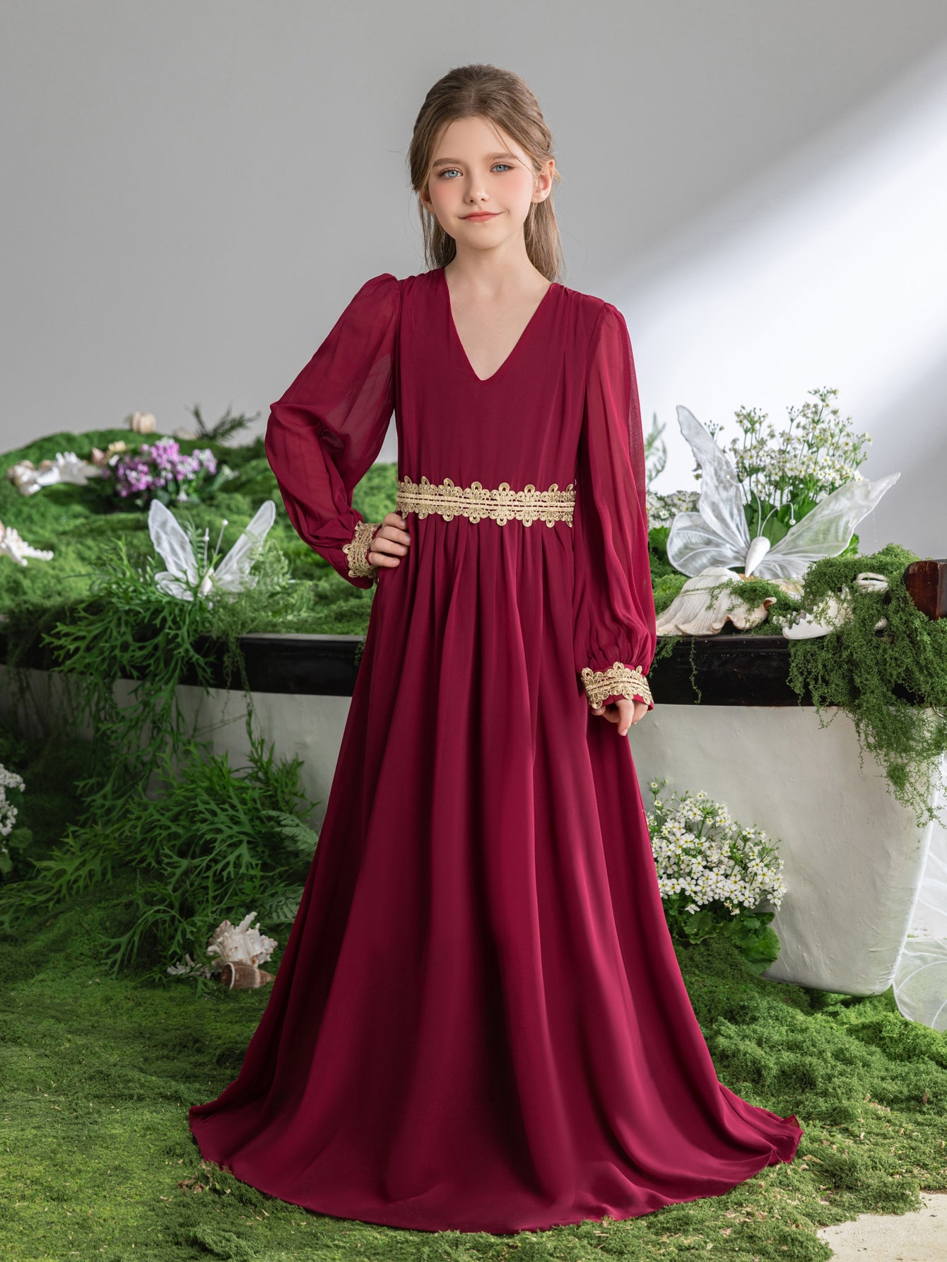 Tween Girls' Lace Trim Decoration V-neck Bishop Sleeves Chiffon Party Dress – view 9