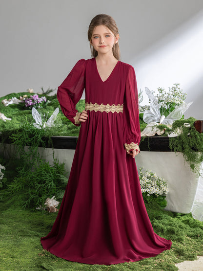 Tween Girls' Lace Trim Decoration V-neck Bishop Sleeves Chiffon Party Dress – view 9