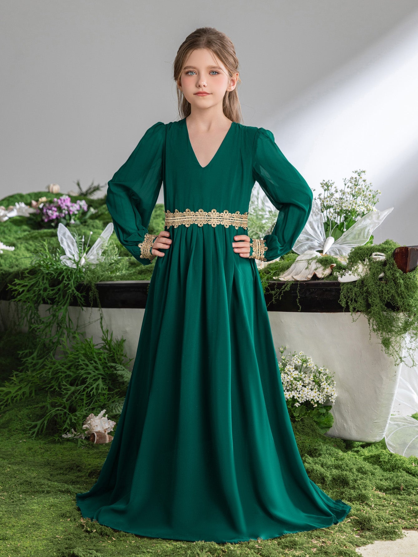 Tween Girls' Lace Trim Decoration V-neck Bishop Sleeves Chiffon Party Dress – view 21
