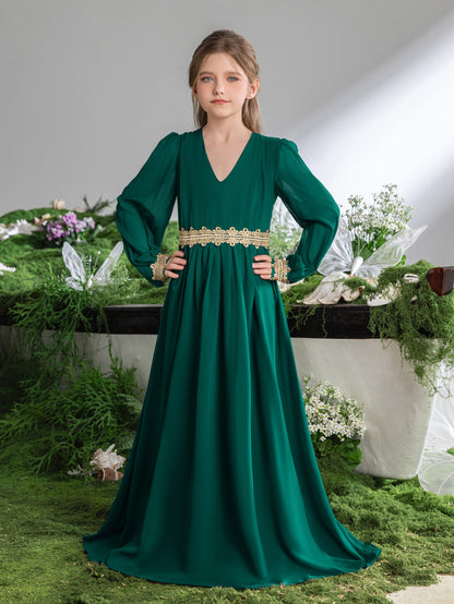 Tween Girls' Lace Trim Decoration V-neck Bishop Sleeves Chiffon Party Dress – view 21