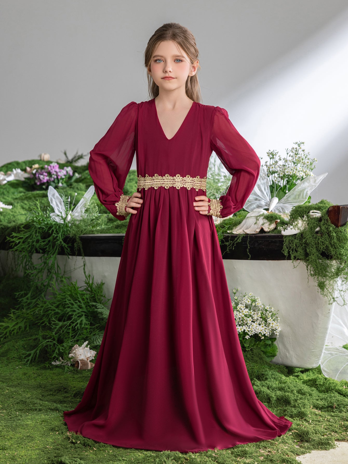 Tween Girls' Lace Trim Decoration V-neck Bishop Sleeves Chiffon Party Dress – view 10