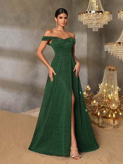 Additional product view of High-Slit Off-Shoulder A-Line Short-Sleeve Maxi Evening Gown