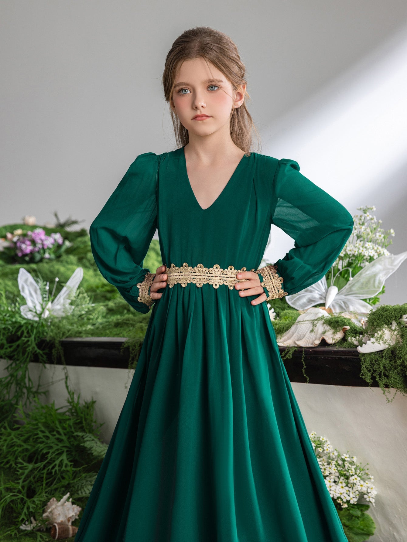 Tween Girls' Lace Trim Decoration V-neck Bishop Sleeves Chiffon Party Dress – view 24