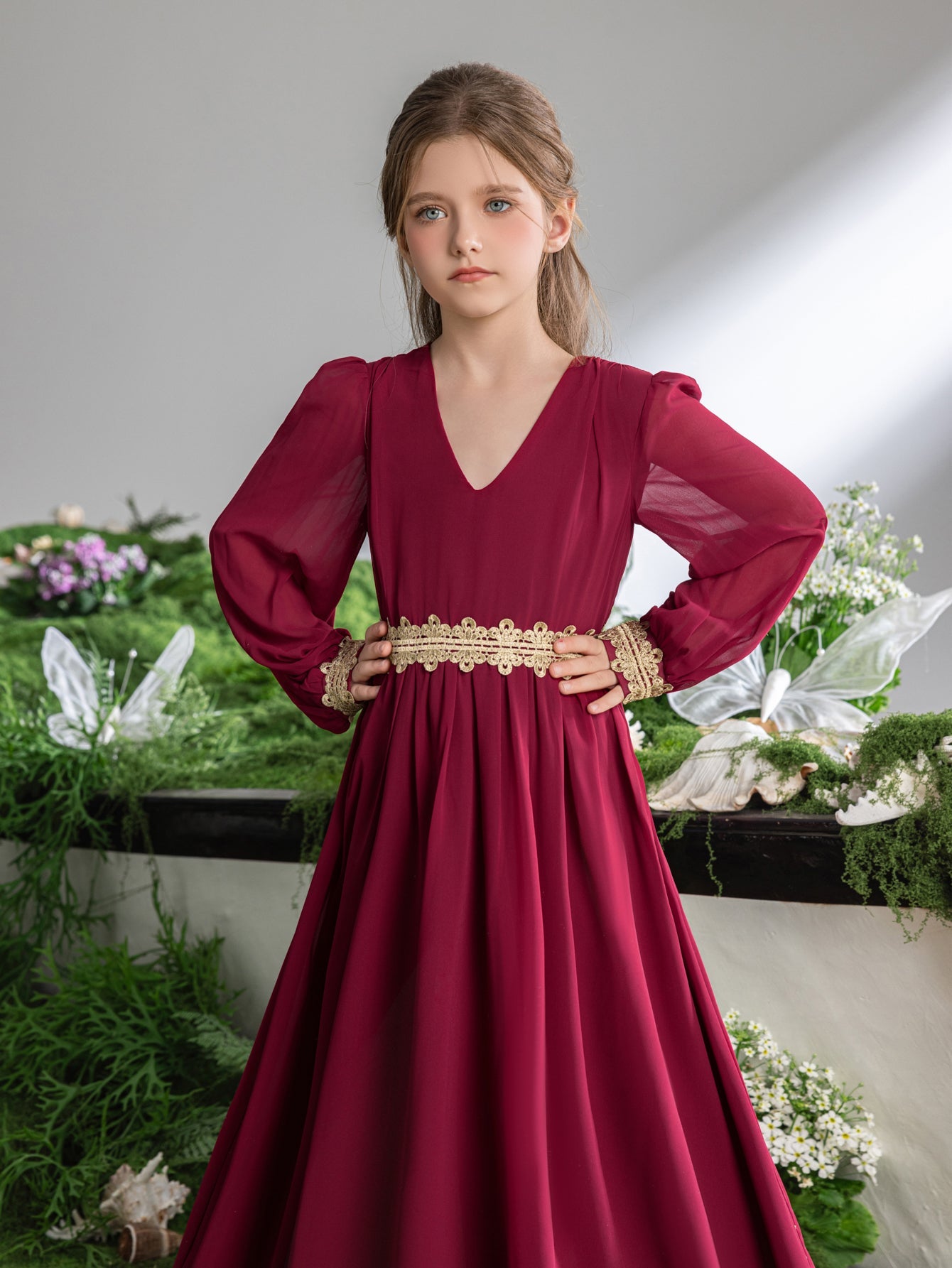 Tween Girls' Lace Trim Decoration V-neck Bishop Sleeves Chiffon Party Dress – view 12