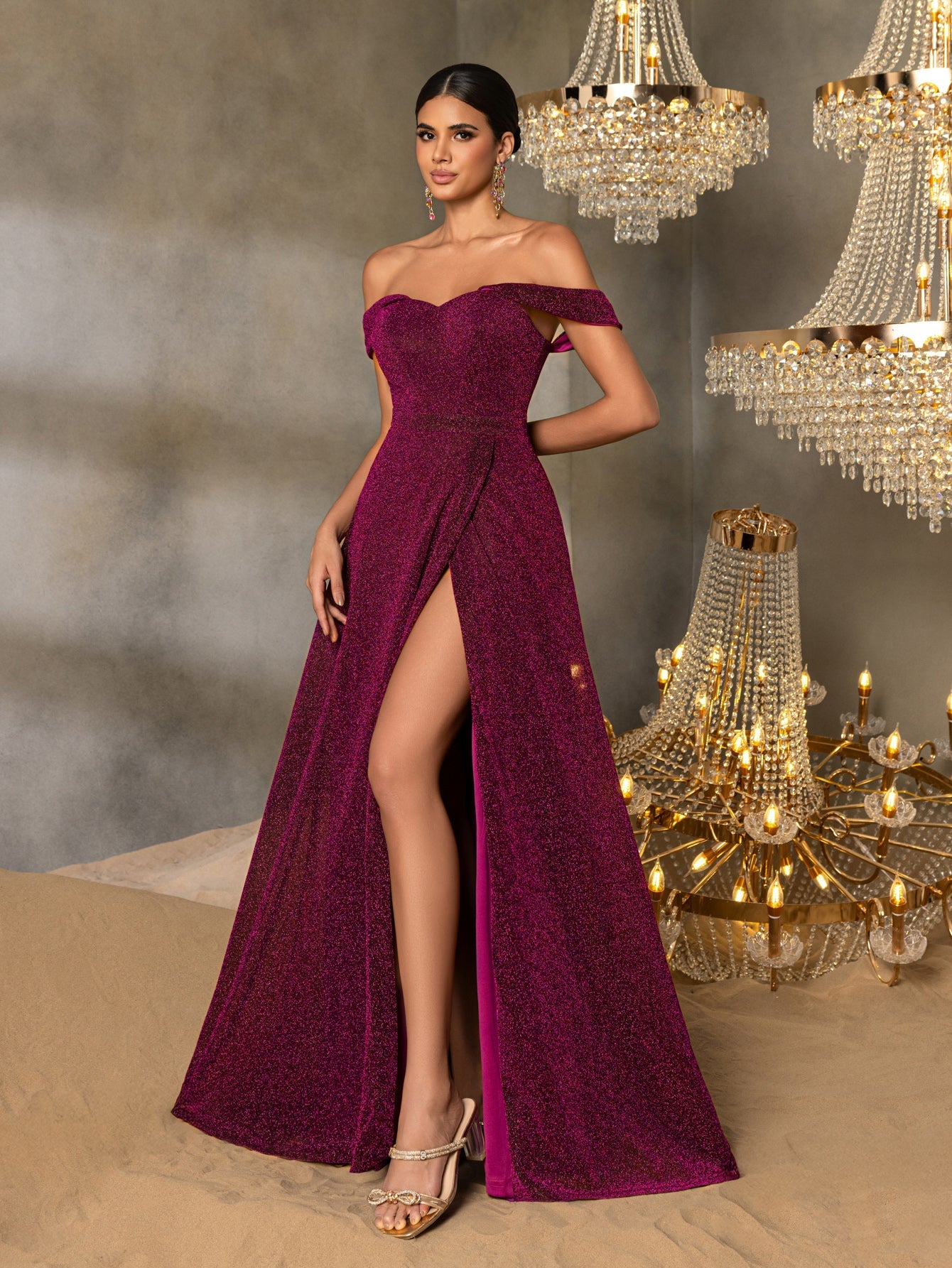 Additional product view of High-Slit Off-Shoulder A-Line Short-Sleeve Maxi Evening Gown