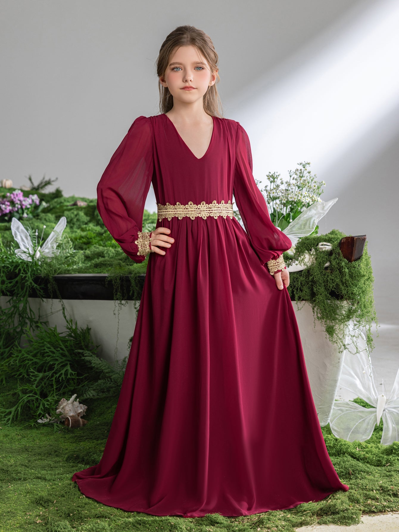 Tween Girls' Lace Trim Decoration V-neck Bishop Sleeves Chiffon Party Dress – view 11