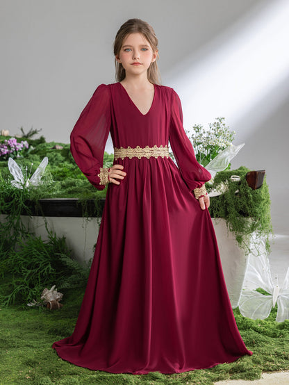 Tween Girls' Lace Trim Decoration V-neck Bishop Sleeves Chiffon Party Dress – view 11