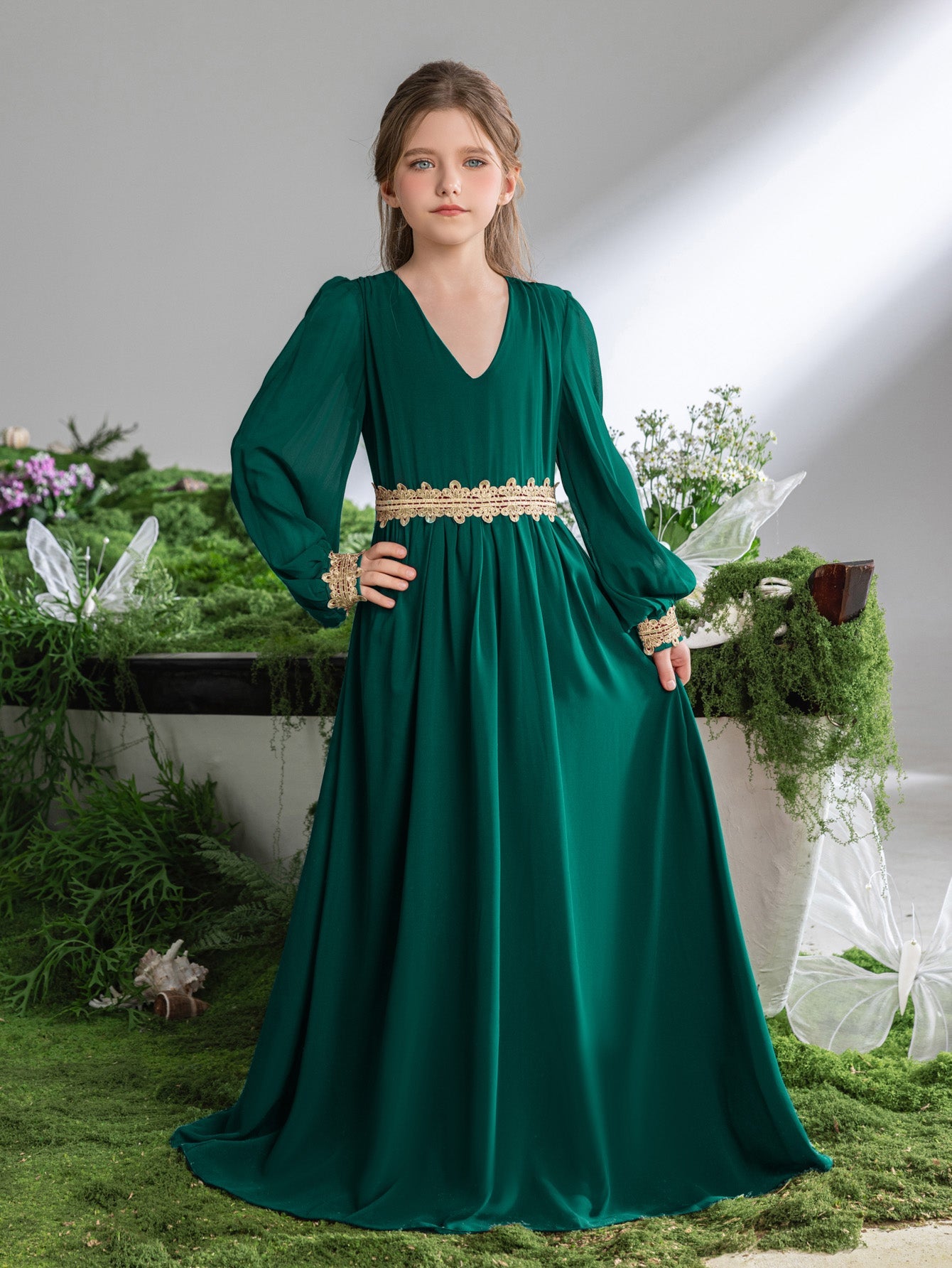 Tween Girls' Lace Trim Decoration V-neck Bishop Sleeves Chiffon Party Dress – view 22