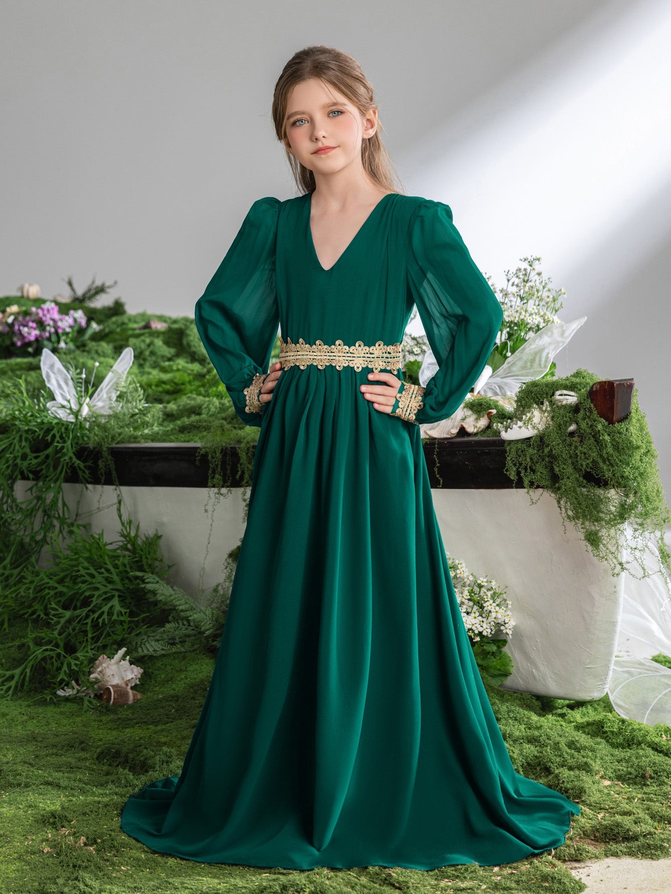 Tween Girls' Lace Trim Decoration V-neck Bishop Sleeves Chiffon Party Dress – view 23