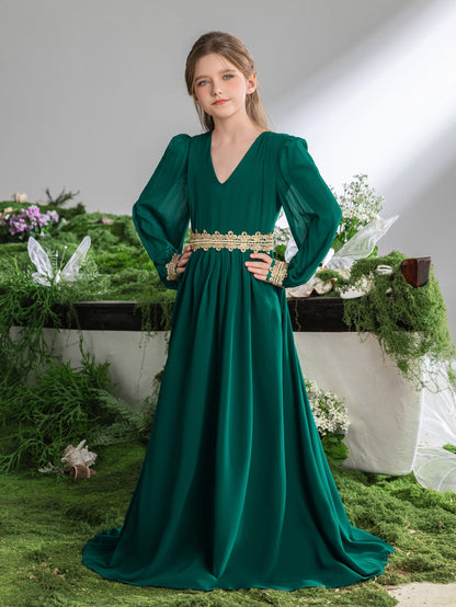 Tween Girls' Lace Trim Decoration V-neck Bishop Sleeves Chiffon Party Dress – view 23