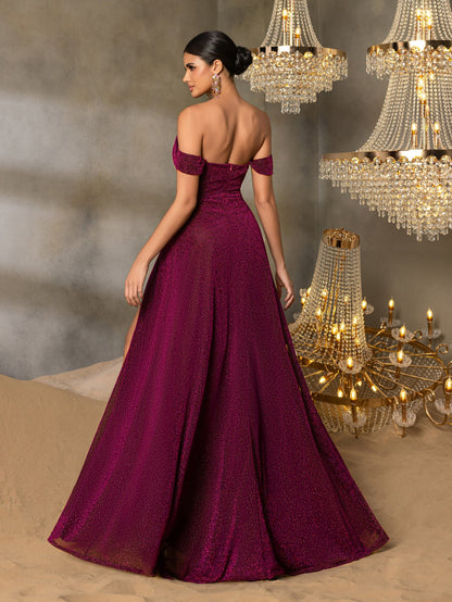 Additional product view of High-Slit Off-Shoulder A-Line Short-Sleeve Maxi Evening Gown