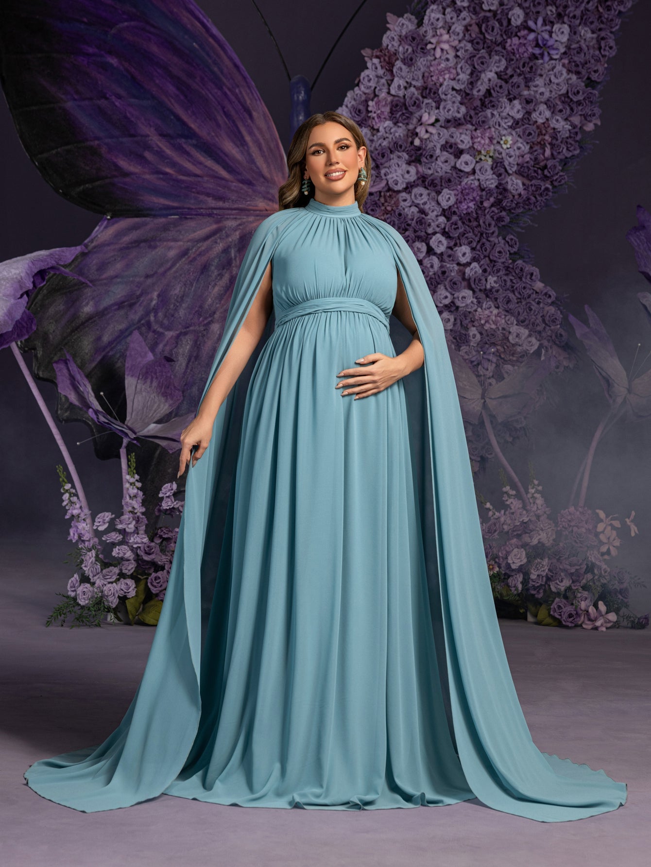 Additional product view of Cape-Sleeve Plus-Size Mock-Neck Chiffon A-Line Maternity Evening Dress