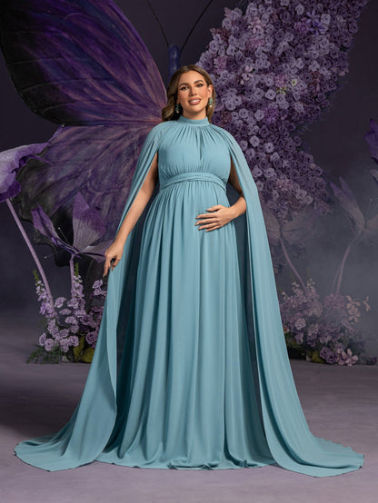 Additional product view of Cape-Sleeve Plus-Size Mock-Neck Chiffon A-Line Maternity Evening Dress