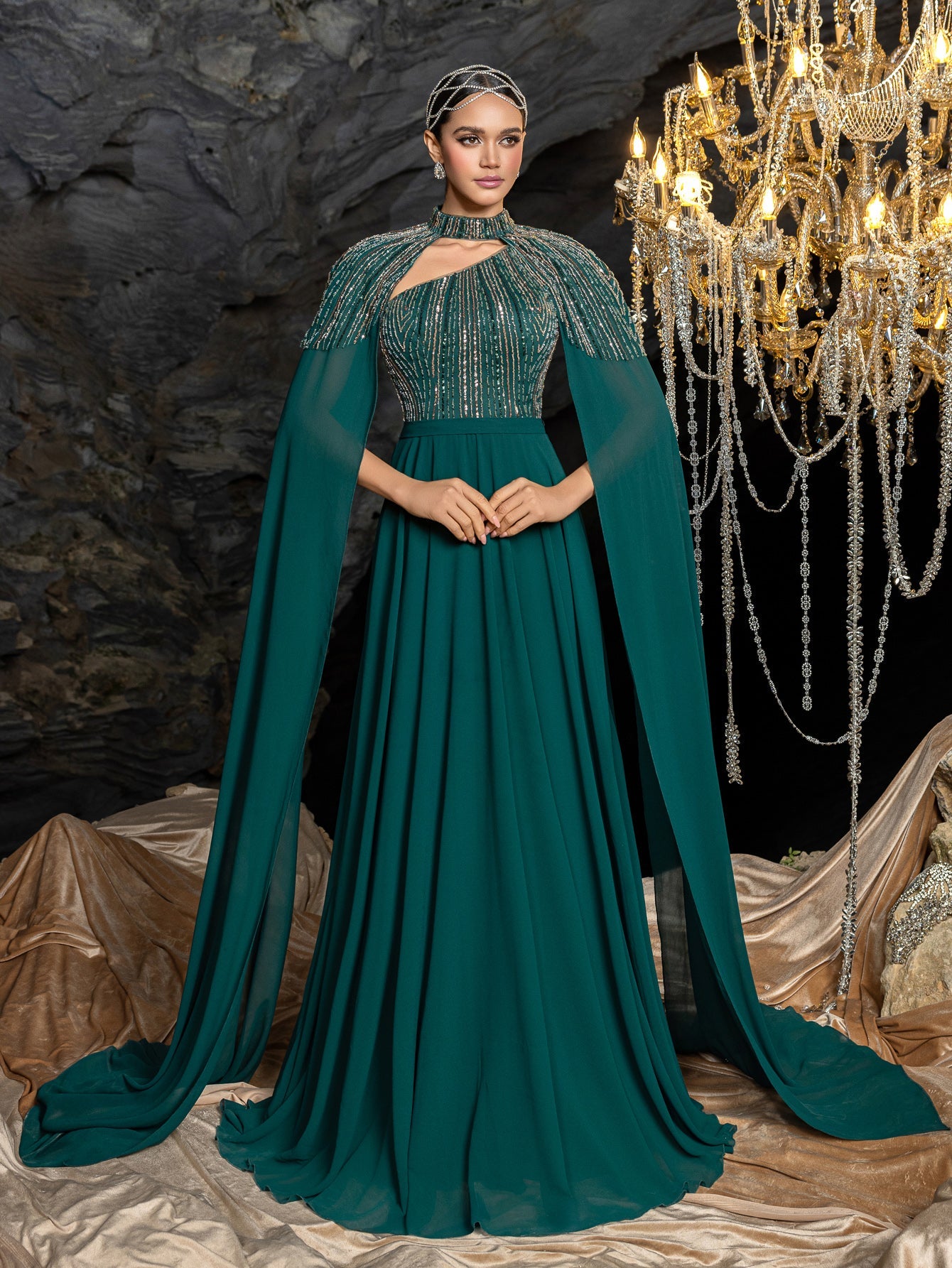Gorgeous High Neck Chiffon Gown with Detachable Cape | Asymmetrical Cutout & Beaded Embroidery – view 3