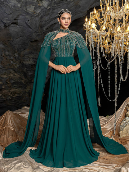 Gorgeous High Neck Chiffon Gown with Detachable Cape | Asymmetrical Cutout & Beaded Embroidery – view 3