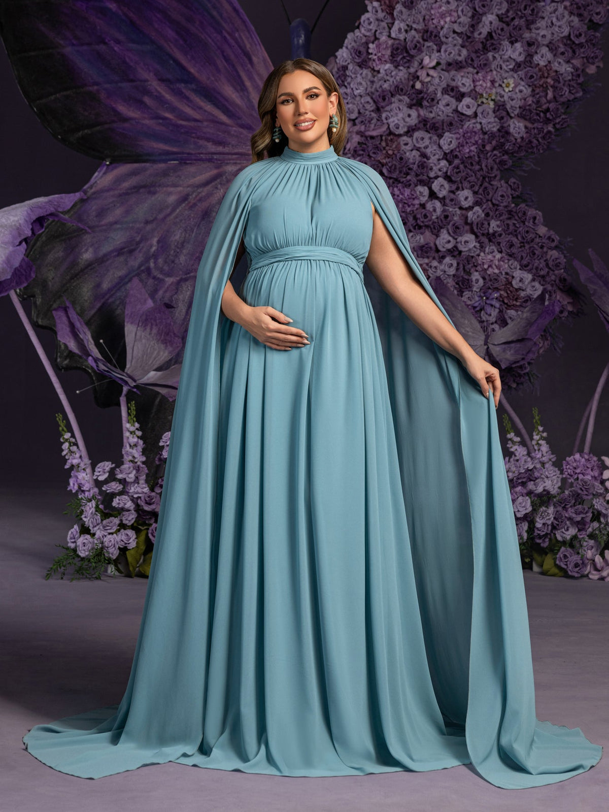 Additional product view of Cape-Sleeve Plus-Size Mock-Neck Chiffon A-Line Maternity Evening Dress