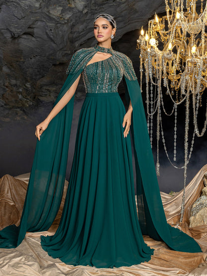 Gorgeous High Neck Chiffon Gown with Detachable Cape | Asymmetrical Cutout & Beaded Embroidery – view 4